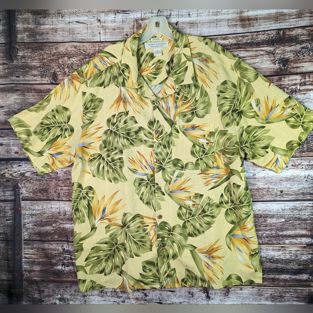 Hawaiian Shirt Silk XL Mens Yellow Multicolor Bird Of Paradise Coconut Buttons